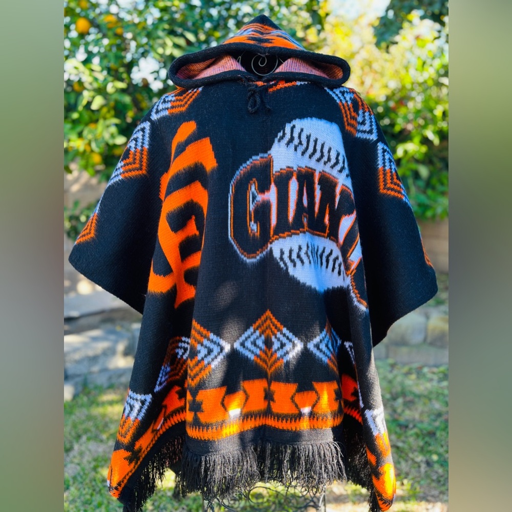 SF Giants alpaca poncho, hooded, unisex, one size. Made in Ecuador.